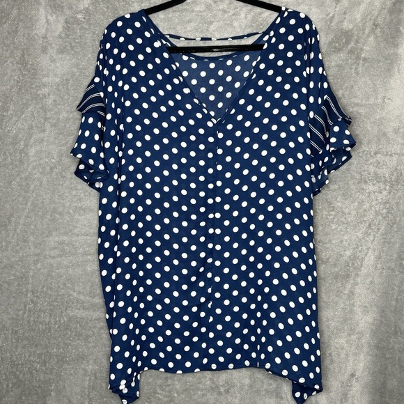 Come Vintage 3X Shirt Top Navy Blue Polka Dot Flutter Short Sleeve Round Neck - Picture 4 of 8
